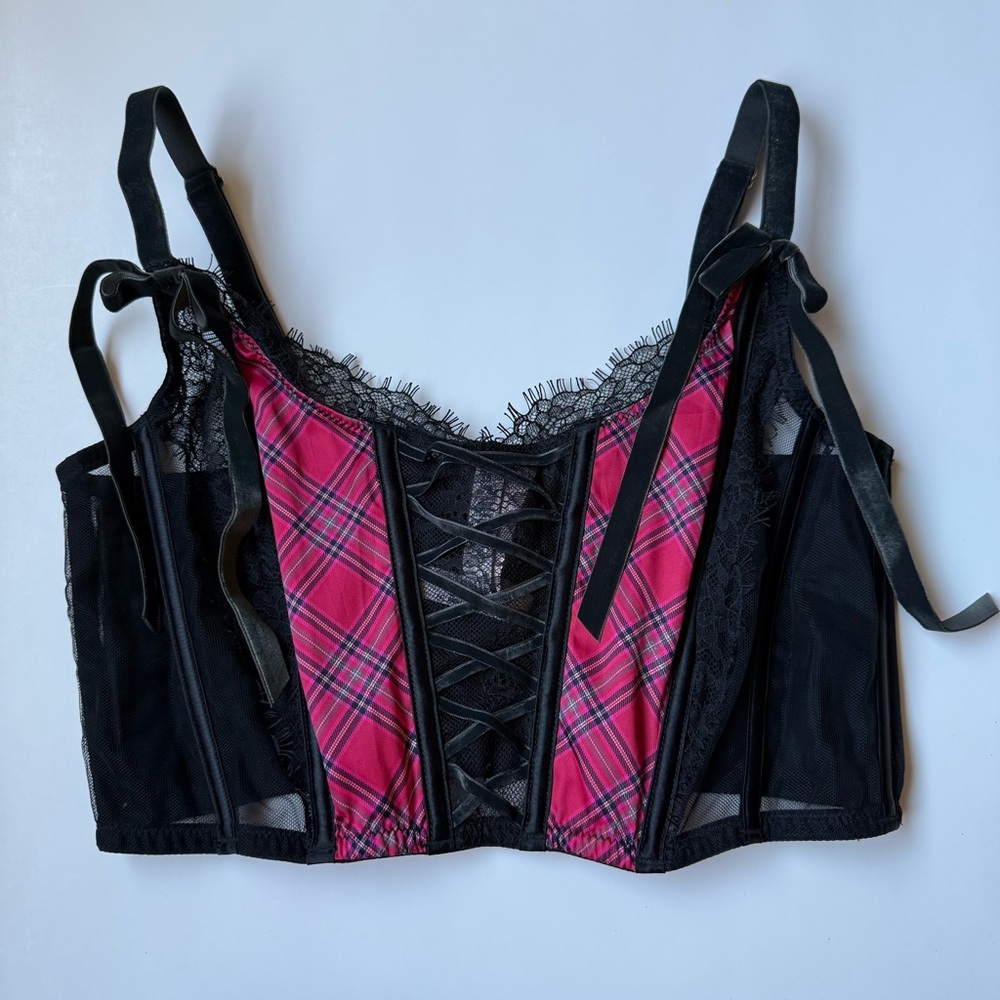Victoria’s Secret Dream Angels Plaid Lace Corset Bustier Large Goth Grunge Bows